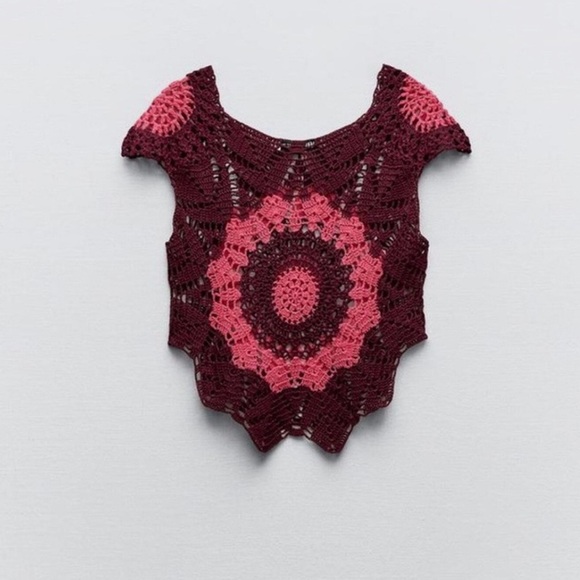 NWOT Zara Burgundy and Pink Crochet Crop Top - Picture 8 of 9